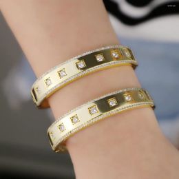 Boho Gold Filled Prong Setting bangle bracelets for women with Square Crystal Stones and Mirco Paved CZ - Fashionable and Cool Women's Cuff Bracelet