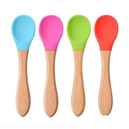 Spoons Portable Sile Tableware Child Food Wooden Handle Coffee Scoops Baby Training Spoon Home Kitchen Tools 4 Colours Drop Delivery Dhfxg