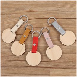 Keychains Lanyards Natural Wood Chip Keychain Pendant Personalised Pu Leather Lage Decoration Key Chain Creative Keyring Gift Drop Dhebn