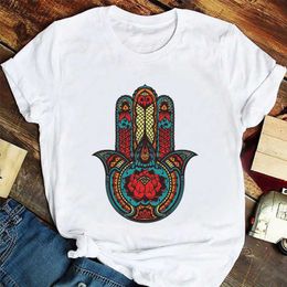 T-Shirt 2023 Retro Style Hamsa Hand of Fatima Amulet Fashion Cartoon Print Summer Women's T-shirt P230523