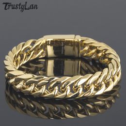 Bracelets Thick Rolled Gold Plated Curb Chain Bracelet Men 16MM Wide 8.6" Colid Stainless Steel Wristband Fashion Charm Men's Bracelets