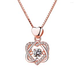 Chains Fashion Romantic Double Heart Flower Pendant Necklace With Zircon Rose Gold/White For Women Jewellery