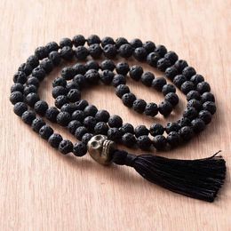 Necklaces Couples Necklace Quality 8MM Lava Stones Pyrite Skull Pendant Tassel Mens Necklace Beads Women Jewelry Gift Dropshipping