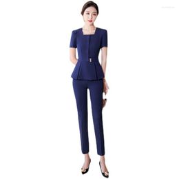 Women's Two Piece Pants Summer Short Sleeve Elegant Blue Formal Professional Women Business Suits OL Styles Ladies Office Pantsuits Blazers