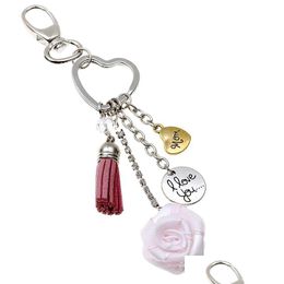 Keychains Lanyards Rose Tassel Keychain Pendant Creative Heart Shaped Mothers Day Keyring Fashion Diamond Birthday Gift Key Chain Dhs3Z