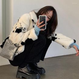 Women's Fur 2023 Winter Black And White Faux Mink Coat Women Short Turn-Down Collar Thick Warm Overcoat Korean Sweet Plush Jacket