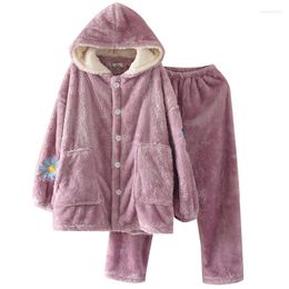 Women's Hoodies Women Two Piece Flannel Daisy Embroidered Pyjamas Female Winter Thick Soft Plush Homewear Ladies Cute Casual Warm Sleepwear