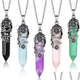 Pendant Necklaces Natural Crystal Stone Necklace Creative Plum Blossom Column With Chain Jewellery Accessories Drop Delivery Pendants Dh5Gx