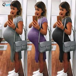 Maternity Dresses Qunq 2023 Summer Pregnancy Wear O Neck Solid Short Sleeve Slim Slit Simplicity Knitted Dress Casual Commuting Maternity Dresses T230523