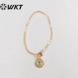 Bracelets WTMPB058 WKT Charming gold plated tiny beads flexible bracelet fashion micropave evil eye beads women bracelet for gift