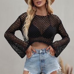 Women's T-Shirt Women Wool Knitwear Solid Colour Mesh Round-Neck Long Sleeve Knitted Pullover Tops For Ladies 5 Colours Beachwear Bikini Cover Up 230522