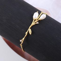 Bangle European And American Jewellery Wholesale Retro Matte Freshwater Pearl Flash Drill Branch Leaf Pull Bean Adjustable Bracelet