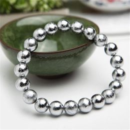 Strand Natural Gibeon Iron Meteorite Bracelet Silver Plated Round Beads 8mm Genuine Real Woman Men Fashion
