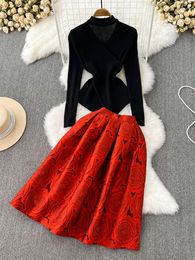 Work Dresses FTLZZ Autumn Winter Women Two Piece Sets V-neck Knitted Sweater Tops And Empire Slim Floral Print Skirt Office Lady Suits