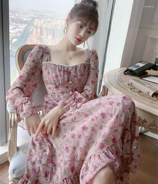 Casual Dresses Summer French Vintage Square Neck Long Flower Pink Rose Floral Dress Sleeve Vestidos Elegantes Para Mujer Sweet