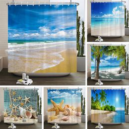 Shower Curtains 3d Beach Scenery Shower Curtains Sea Ocean Mediterranean Bathroom Curtain Waterproof Cloth Decoration 180*240cm Bath Curtain 230523