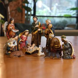 Decorative Objects Figurines Zayton Statue Nativity Scene Set Baby Jesus Manger Christmas Crib Figurines Church Xmas Gift Home Decoration 230523