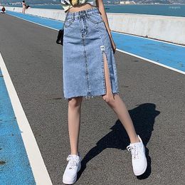 Skirts Womens 2023 Spring And Summer High Waist Denim Skirt Female Korean Loose Split A-Line Mid-Length Knee Length