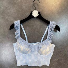 Women's Tanks PREPOMP 2023 Summer Sleeveless Lace Ruffles Light Blue Print Sexy Tank Tops Women Crop Top GB554