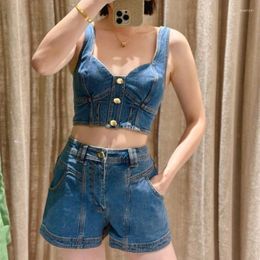 Women's Vests 2023 Spring And Summer Denim Suit Sexy Short Camisole High Waist Shorts Two-piece Set For Women