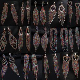 Knot Wholesale 6 Pairs/Lot Bulk Multicolor Rhinestone Long Tassel Earrings Women Luxury Party Club Bridal Big Drop Dangle Earrings