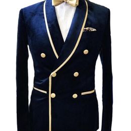 Navy Blue Double Breasted Wedding Tuxedos Groom Shawl Lapel Velvet Suits Men Party Blazer Prom Business Designer Jacket Only One P297l