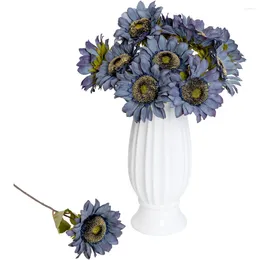 Decorative Flowers 10 Pcs Artificial Sunflowers Long Stem Silk Fake Sunflower Large Decor For Home Wedding Party Decoration(Blue)