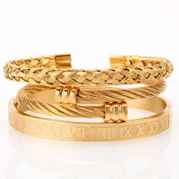 Bangles Mcllroy 3pcs/set Luxury Gold Colour 316L Stainless Steel Wristband Braiding Bangles Opening Cuff Bracelets for Men Amazing Price