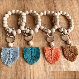 Keychains Lanyards Wooden Beaded Keychain Bracelet Key Chain Hand Woven Tassel Pendant Car Keyring Drop Delivery Fashion Accessorie Dhljr