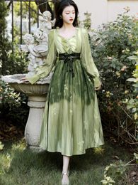 Casual Dresses French Style Fairy For Women Sweet Hand Tie Dye Chic Green Midi Dress Retro Lantern Sleeve Fashion Vestido Mujer Autumn