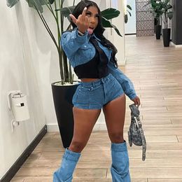 Women's Two Piece Pants Znaiml Denim Two Piece Matching Set for Women Clothing Patchwork Long Sleeve Shirt Top and Shorts Party Jeans Club Rave Outfits 230522