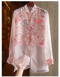 Ethnic Clothing Summer High-End Silk Organza Shirt Women's Embroidery Sequin Patchwork Chinese Style Long Sleeve Lady Top S-XL