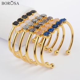 Bangles BOROSA Gold Colour Five Round Natural Agates Druzy Titanium Rainbow Drusy Bangles Women Drusy Bracelet Gifts Dropshipping ZG0423