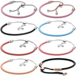 Bangles New 925 Sterling Silver Moments Pink Leather With Adjustable Sliding Clasp Bracelet For Popular Bangle Bead Charm DIY Jewellery