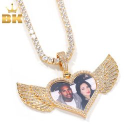 Necklaces The Bling King DIY Photoes Necklace Heart Shape With Wing Fashion Jewelry For Couple Gift Tennis Chain Valentine's Day