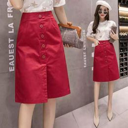 Skirts Tight Midi Black Red White Plus Size Korean Style A Line Skirt Knee Length Button Pencil Ladies Summer 2023 Womens