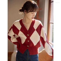 Women's Knits Red Argyle Plaid Cropped Cardigan Women Streetwear Long Sleeve Loose Vintage Knitted Sweater Korean Fashion Short Jacket