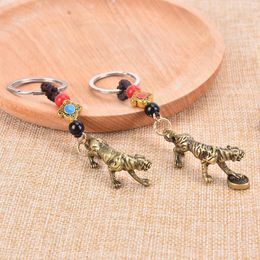 Keychains Brass Zodiac Tiger Animal Keychain Copper Shouting Beast Forest King Car Keyrings Handmade Woven Rope Crafts Backpack Hangings