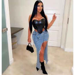 Skirts Jeans Split Skirt Sexy Women High Waist Elegant Blue Denim Casual Long