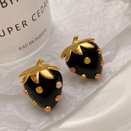 Stud brand new french retro vintage style black Colour small strawberry earring ear studs for women brass plated 18K gold