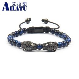 Bangle Ailatu Luxury Men' s Double Panther Head Bracelet with 6mm Natural Tiger Eye Stone Beads Couples Leopard HandMade Rope Jewelry