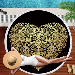 3D Digital Printing Retro Gold Palm Beach Towels for Women Retro Lotus Stars Black Round Beach Towel for Bedroom Decorations Mat