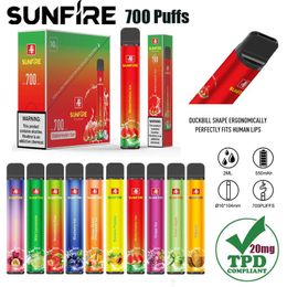 Оригинальный Sunfire TPD 700 Puffs Ondosable Vape 2ml Предварительно заполненные 10 зарегистрированных ароматов 20 мг электронных сигарет 550 мАч.