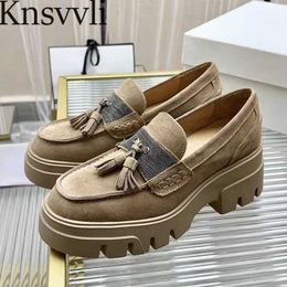 Fringe Decorate Thick Sole Shoes Woman Round Toe Slip-on British Style Shoes Lady Cow Suede Loafers Flat Platform Shoes Women X230523