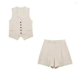 Women's Tracksuits Woman Elegant Beige Straight Linen Blazer Tank Suit 2023 Spring Female Solid Single Breasted Tanks Sets High Waisted