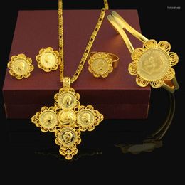 Necklace Earrings Set Arrival Ethiopian 5pcs Coin Cross Wedding 24K Gold Colour Bridal Romantic Habesha Jewellery For Women Gifts