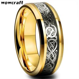 Rings Gold Rings 8mm Wedding Band Tungsten for Men And Women Celtics Dragon Inlay Polished Shiny Comfort Fit