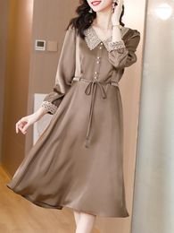 Casual Dresses Autumn Women Vintage Silk Long Sleeve Dress 2023 Fashion Midi Tunics Solid Colour Korean Chic Party Bodycon Evening