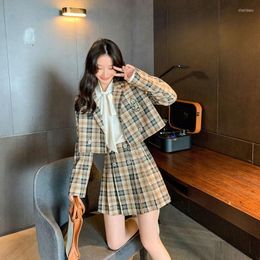 Work Dresses Two Piece Suit 2023 Fashion Elegant Vintage Jacket Mini Pleated A-line Skirts Korean Office Ladies Long Sleeve Blazer Set