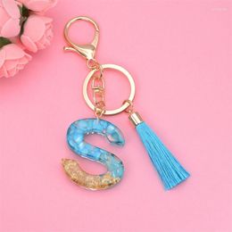 Keychains Blue Tassel 26 Letters For Women Resin Pendant Gold Plated Keyring Alphabet Charms Accessories Bag Jewellery Key Chains